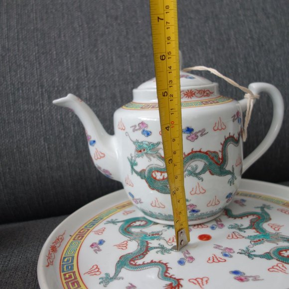 Ceramic Dragon Design Tea Pot (1),  Tea Cups (4) and Tray/Plate (1) - Picture 15 of 16
